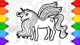 Glitter alicorn drawing and coloring for kids  How to draw glitter alicorn coloring page [upl. by Ahsam443]