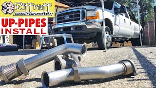 2001 F350 73  RiffRaff UpPipes Install  Stock up pipes leaking and falling apart JUNK SP [upl. by Adiol]