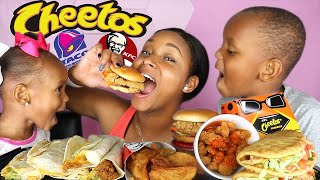 TRYING TO MUKBANG WITH JUJU amp LAYLA KFC CHEETOS SANDWICH REVIEW  TACO BELL 먹방  QUEEN BEAST [upl. by Jabe]