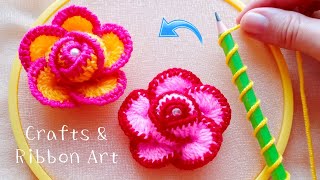 Amazing Woolen Rose Making Ideas with Pencil  Hand Embroidery Easy Trick  DIY Woolen Flowers [upl. by Sacttler660]