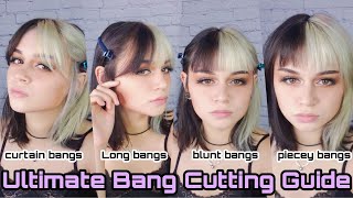 Hairstylist shows you 4 ways to cut BANGS at HOME Curtain Bangs to piecey fringe [upl. by Eilra181]